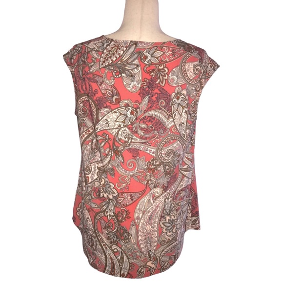 Roz & Ali Paisley Blouse Cap Sleeves Size Medium Coral Brown Cream Drape Front - Picture 4 of 13